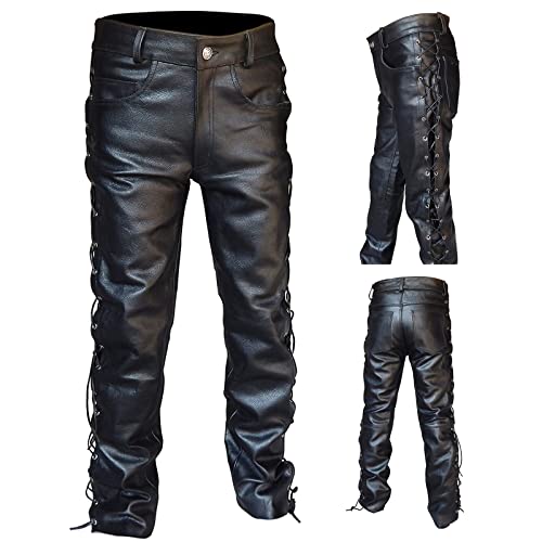 Men's PU Leather Pants Skinny Side Lace Up Casual Streetwear Big and Tall Gothic Fashion Slim Fit Straight Bikers Trousers4