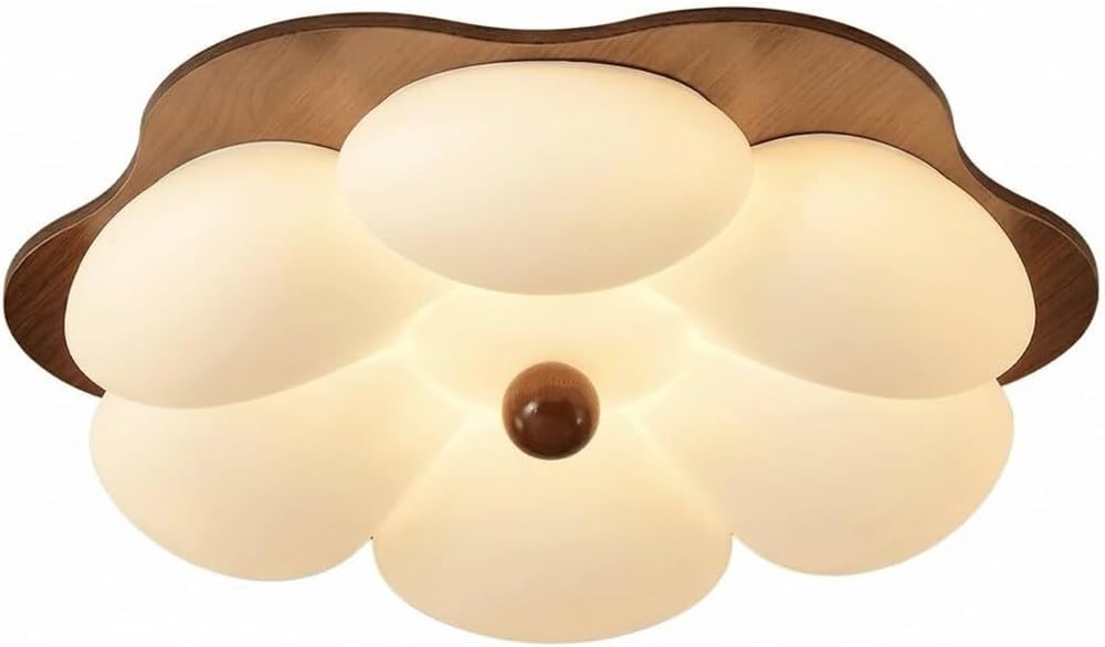 LYOUAE Mid-Century Style Walnut Wood Ceiling Light Elegant Flower Petal PE Shade Ceiling Lamp LED Dimmable Close-to-Ceiling Lamp