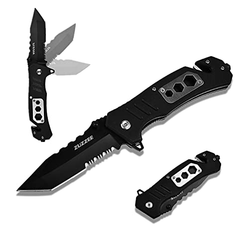 ZUZZEE Pocket Hunting Knife Folding Knife with Window Glass Breaker, Pocketclip and Liner Lock, Tactical Knives for Camping Hunting Hiking Fishing EDC Survival, Gifts for Men Dad Husband Fathers Day