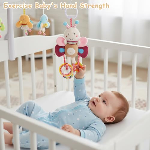 Image of SNOWIE SOFT Baby Toys for 6 to 12 Months Hanging Plush Cartoon Cradle Toys Hanging with Mirror, Rattles and Colorful Pendants, Soft Stroller Car Seat Activity Toy for Infant Sensory Development