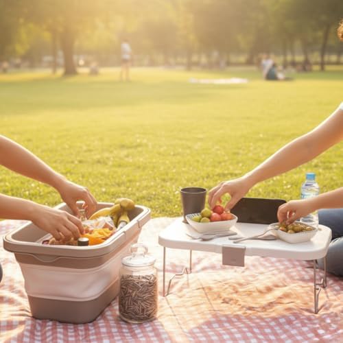 Deconox 24 Litre Katlanır Piknik Sepeti ve Kamp Masası, 40x30 cm Çok Amaçlı Doğa Çantası, Gri - Yeşil - Latte Renk Seçenekleri, Katlanabilir Tasarım (Kapalı 5cm), 2 Kişilik Çatal Kaşık Setli (LATTE) - Görsel 6