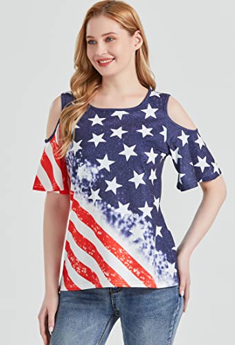 Ineoyiya 4Th Of July Shirts Women American Flag Patriotic T Shirt Cold Shoulder Stars Stripes Short Sleeve Top Tees Xxl Blue #TOP4
