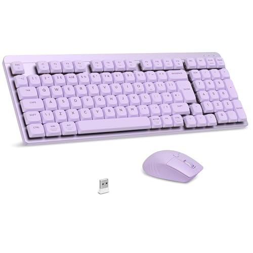LeadsaiL FA98 Low-Profile Wireless Mechanical Keyboard and Mouse Set, 2.4G Wireless and Comfort Semi-quiet Typing, 98-Key Compact Slim 96% Keyboard for Windows/MacOS PC Laptop - Purple