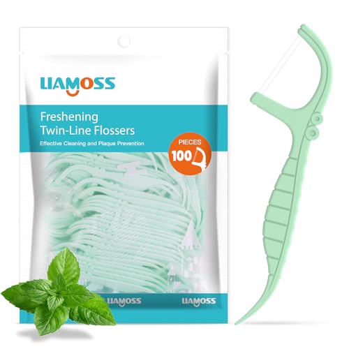 Twin-Line Dental Flossers,100 Count Mint Flavor Dental Floss Picks,LIAMOSS Dual Action for Super Cleanup Teeth in Less Than Two Minutes,Unbreakable & No-Shred Toothpicks Sticks
