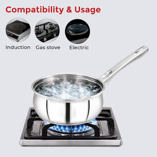 Image of Avias INOX IB Stainless Steel Saucepan with Glass Lid, Triply Induction Bottom, Induction & Gas Stove Compatible, Tea Pan, Milk Pan, Rust Proof Sauce Pan 14cm