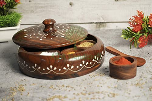 ADA Handicraft Sheesham Wooden Masala Box Cum Kitchen Spice Box with Glass Top and Spoon | Masala Box Spice Box | Spice Box Holder