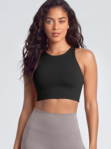 Image of ODODOS Racerback Tank Bra for Women High Neck Non Padded Medium Support Sports Bra Workout Yoga Crop Tops