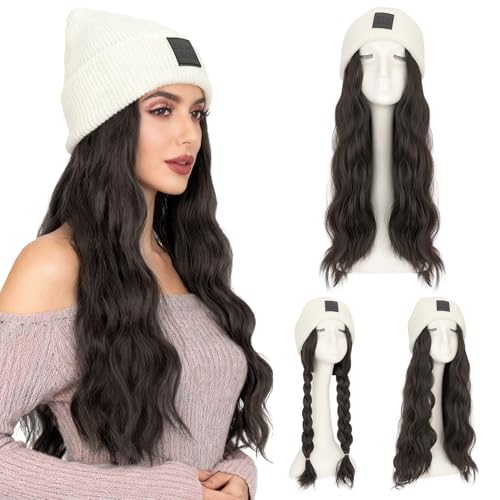 S-noilite White Beanie Wig Hat with Hair Attached for Women
