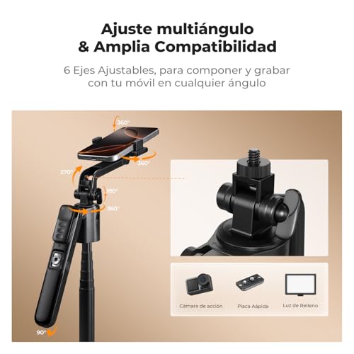 K&F CONCEPT Palo Selfie 180CM, Trípode de Seguimiento AI 360°, Despliegue Automático y Plegado Rápido, 2 Anillos de Luz, Control por Gestos, Control Remoto Bluetooth, 7 en 1 para Video/Vlog/Live - imagen 5