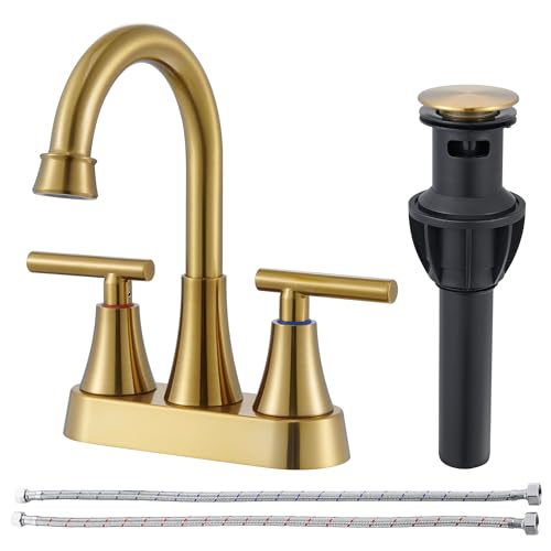 FROPO Brushed Gold Bathroom Sink Faucets - 4Inch Centerset Faucets 2-Handle 360 Swivel Spout Faucet Bathroom 2 or 3 Hole with Pop-up Drain & Supply Lines for Vanity RV Restroom