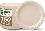 Unves 100% Compostable Paper Plates 9 Inch, 150 Pack Heavy Duty Disposable Plates, Natural Sugarcane