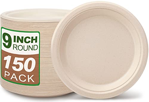 Unves 100% Compostable Paper Plates 9 Inch, 150 Pack Heavy Duty Disposable Plates, Natural Sugarcane Fiber Biodegradable Party Plates For Daily Meals, Camping, Picnic(Brown) #TOP20