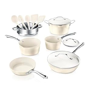 Gotham Steel Hammered 15 Pc Ceramic Pots and Pans Set Non Stick, Kitchen Cookware Sets, Pot and Pan Set, Ceramic Cookware Set Non Toxic, Non Stick Pots and Pan Set Dishwasher Safe, Cream White