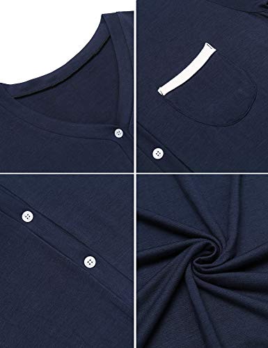 Ekouaer Night Dress Womens Long Sleeve Long Nightgown Neck Sleepwear Sleep Shirt Sleep Dress Nightshirt(Navy Blue,XXL)