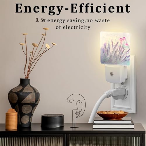 Image of Lavender with Pink Butterfly Night Light for Kids, Watercolor Purple Meadow Floral Night Light Plug in with Dusk to Dawn Sensor, 0.5w Energy Saving Nightlight for Hallway Stairway Kitchen Bedroom