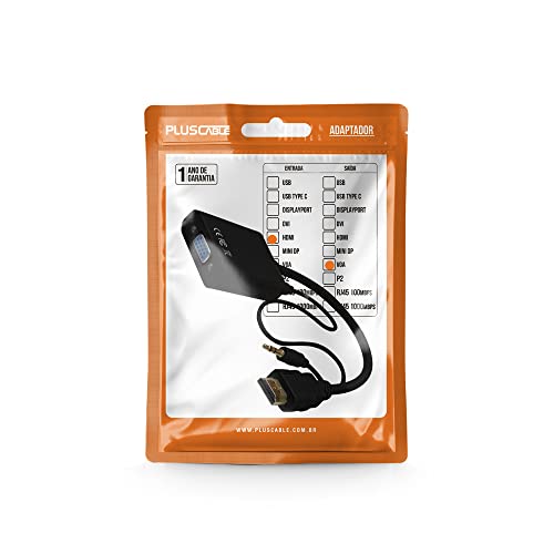 PlusCable Cabo adaptador de video e audio HDMI Macho para VGA Femea e P2 ADP-HDMIVGA20BK