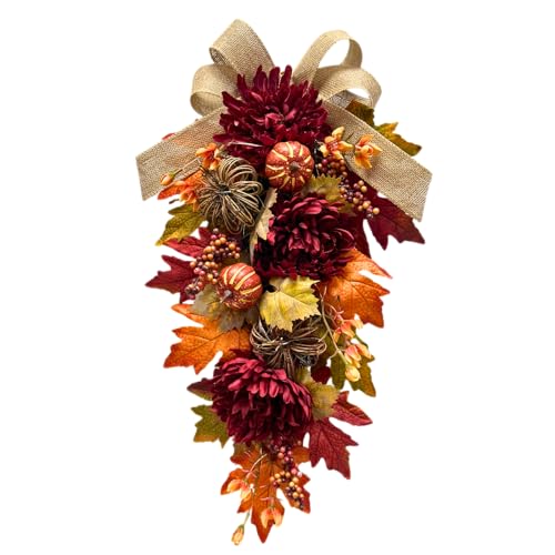Svndlyn 24 Inch Lighted Fall Teardrop Swag with Timer and Burlap Bow