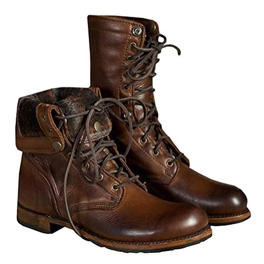 ORANDESIGNE Marron Bottes Vintage à Lacets Homme Automne Hiver Fourrées Boots en Cuir Imperméable Chaussures à Lacets Bottes de Moto A Marron 43 EU