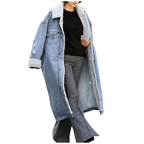 Color Blocking Jacket Winter Womens Jean Coat Thicken Warm Fleece Long Denim Coat Punk Gifts Senior Mom (Blue, Xxl) #TOP2