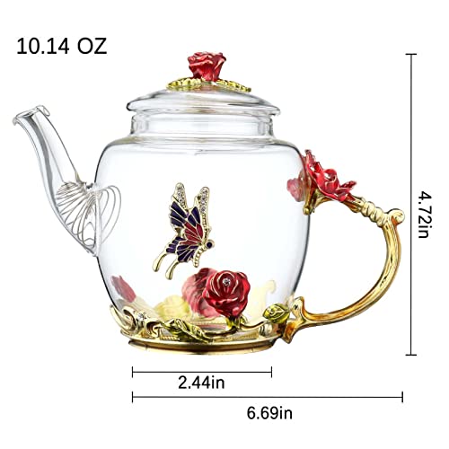 Floral Glass 10Oz Teapot With Gold Leaves Edge Colourful Flower Pattern Floral Vintage Teapot Tea Party Set (Red) #TOP4