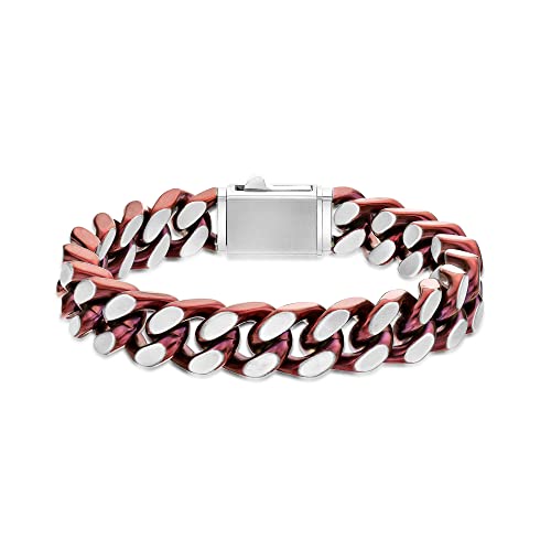Metro Jewelry Curb Chain Bracelet for Men in Stainless Steel with Red Ion Plating - 9 Inches Long 12 MM Wide with Push Lock