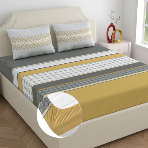 Image of Home Ecstasy 100% Cotton King Fitted Bedsheet with 2 Pillow Covers - (Size 72 x 78 inches, 140 TC, Colour - Grey)