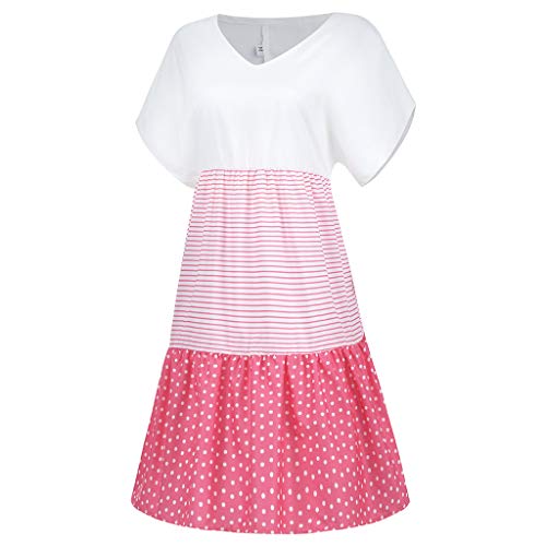 SLENDIPLUS Vestido feminino de verão de algodão e linho, estampa de bolinhas, patchwork, gola V, man