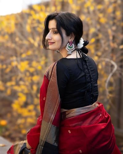Image of Women's Banarasi Style Pure Kanjivaram Silk Jacquard Kanchipuram Pattu Saree With Un-Stiched Blouse (Red)