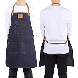 Yinuoday Denim Bib Apron Leather Band Baker Bartender BBQ Chef Work Chef Uniform Labb Blue