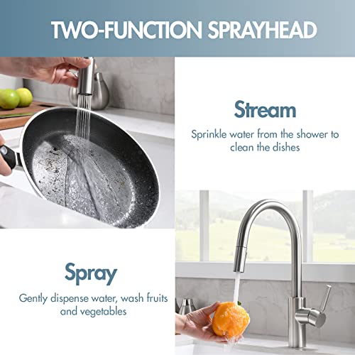 Kitchen Faucet With Pull Down Sprayer Ouen Brushed Nickel Modern Single Handle High Arc Pull Out Kitchen Sink Faucets With Deck Plate For Laundry Rv Farmhouse, Brass Structure, 15.7" Height #TOP1