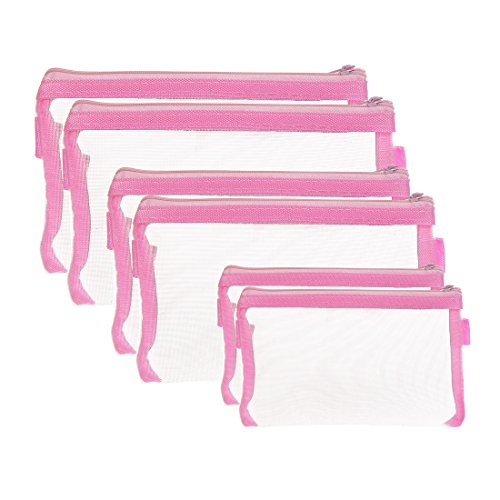 HYFAN Zipper File Bag Breathable Transparent Mesh Document Storage for Office School Supplies (Pink, 3 sizes, Pack of 6)