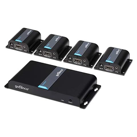 gofanco 1080p 1x4 4 Port HDMI Extender Splitter Over CAT5e/CAT6/CAT7 Ethernet Cable – IR Extension, Up to 40m (130ft) at 1080p 60Hz, 1 in 4 Out (HDMIExt4P) Cover