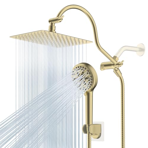 Hibbent All Metal CUPC Certified Shower Head, 10'' High Pressure Rainfall Shower Head, Handheld Showerhead Combo, 12'' Adjustable Extension Arm, 10 Sprays, 71'' Hose, Shower Holder, Brushed