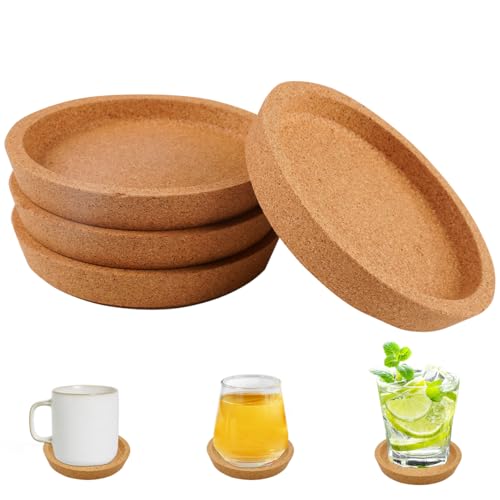 Pack of 4 Cork Coasters Round with Raised Edge, 10.2 x 1.8 Cmkorkuntersetzer Rund, Reusable Cork Coasters, Waterproof Corks Coaster for Glasses, Home, Office, Restaurant, Kitchen, Bar
