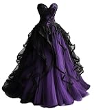 Sweetheart Gothic Black Ruffles Prom Wedding Dresses Long Tulle Lace Ball Gown Quinceanera Purple 2