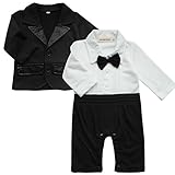 YOOJIA Baby Junge Taufanzug Hochzeit Anzug Gentleman Suit Babybekleidung Set Festlich Kinderanzug Smoking Strampler + Mantel für 0-24 Monate A Weiss&Schwarz 50-56
