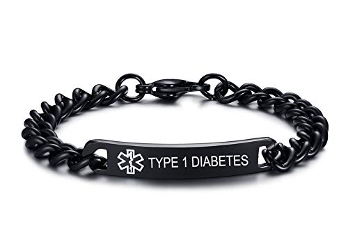 Type 1 Diabetes Medical Alert Bracelets- 8mm High Polished Surgical Steel Chain Medical Alert ID Bracelets for Women and Men,Black