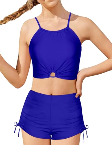 Girls Swimsuit 2 Pcs Solid Color Cutout Tankini with Shorts Drawstring Bathing Suit for Girls Swimwear 7-14Y