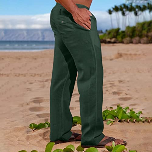 Men’s Lightweight Linen Casual Pants with Elastic Waistband Relaxed Fit Versatile Summer Trousers for Beach Travel Dark Green2