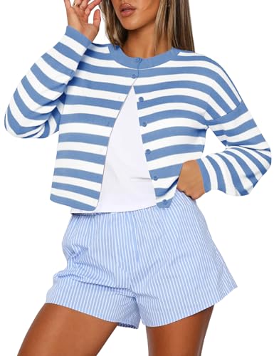 Kistore Summer Striped Cardigan Sweaters Women Cute Blue White Stripe XL