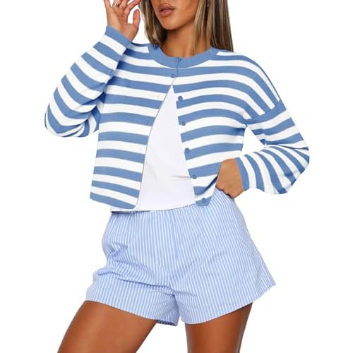 Kistore Womens Cropped Cardigan Sweaters Crew Neck Long Sleeve Button Up Sweaters Lightweight Knit Trendy Sweaters 2026 B-blue White Stripes X-Large
