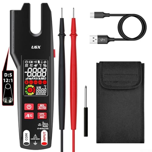Open Jaw Digital Multimeter with Rechargeable Battery, AC/DC Current Clamp Meter 600A, Electrical Tester with Infrared Thermometer -20℃~400℃, for VFC