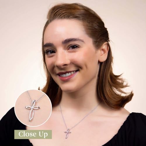 GILDED 10K White Gold Necklace for Women with Natural Round-Cut Diamond and Swirl Cross Pendant-Necklace, 18" Rope Chain, 925 Sterling Silver Necklace and 18" Cable Chain, 1/4 Carat Total Weight Diamonds & Elegant Gift Box Included2