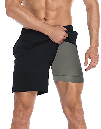 Lrd Mens Athletic Workout Shorts With Compression Liner 7 Inch Inseam Black/Grey - M #TOP12