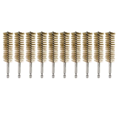 sourcing map 10Pcs Brass Bore Brush 25mm Dia 4.5" Long Cleaning Twisted Wire Brush with Handle 1/4" Hex Shank for Tubes Ports Bearings, Yellow