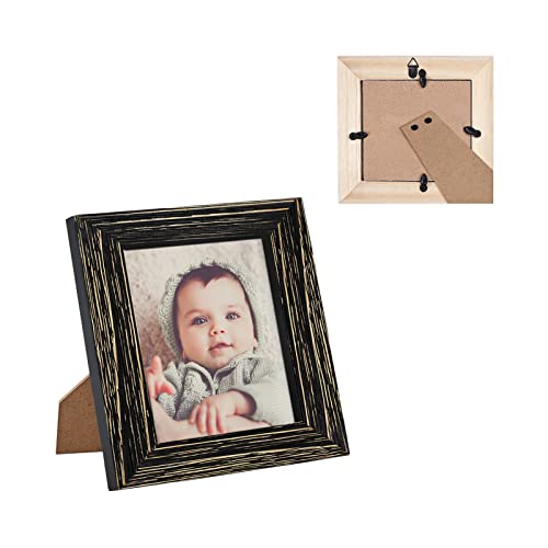 4 x 4 Picture Frames Square Wood Black Distressed Simple Striped Border Designed Wooden Photo Frame with HD Glass for Tabletop Display Wall Mount Wedding Baby Family Farmhouse Collage Home Office Decor