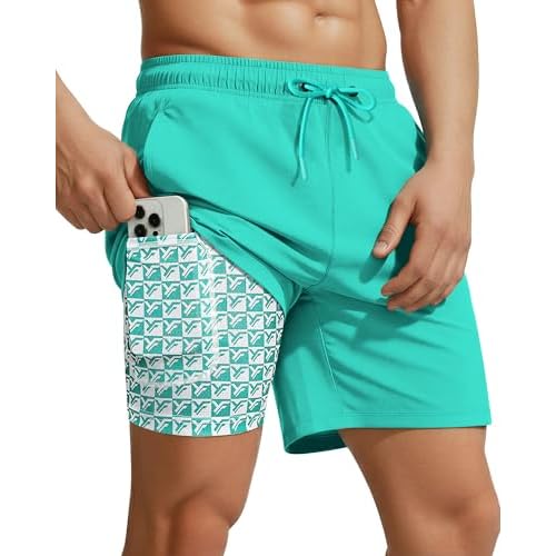 7 Inch Men Swim Trunks with Compression Liner Quick Dry Drawstring Male Swimtrunks for Beach Summer Water Park 4X-Large Spa Aqua