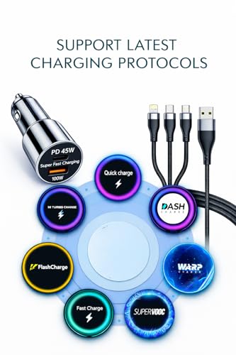 Image of 45W Fast Car Charger with 3-in-1 Cable | PD & QC Super Fast Charging | Type-C + USB-A Output | Supports Dash, Warp, VOOC |Compatible with Cars for iPhone & Android Smartphone (Silver)