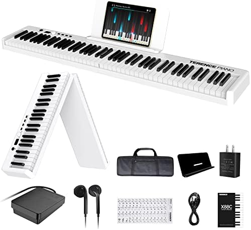 Folding Piano Keyboard, 88 Keys Full Size Semi-Weighted Foldable Piano, Support MIDI Bluetooth Portable Piano with LCD Screen Sheet Music Stand Sticker Sustain Pedal for Beginners Kids (White)