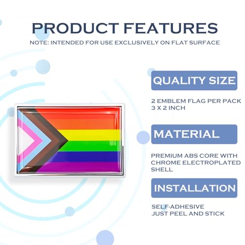 Image of Progress Rainbow Gay Pride Flag Sticker Emblem LGBTQ Decal Car Chrome Flags, 2 Pack, 3 x 2 inches